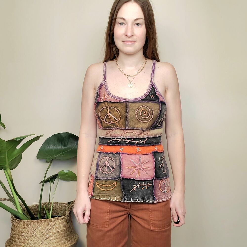 Vintage 90s Y2K Earth Tone Hippie Embroidered Patchwork Tanktop Womens Small